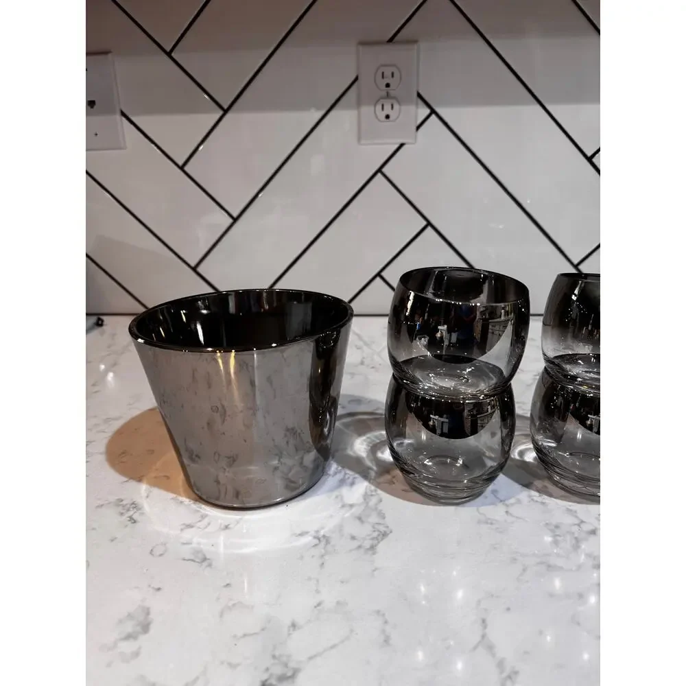 Mid-Century Modern Silver Ombre roly-poly cocktail set 8 cups w/ ice bucket 60s